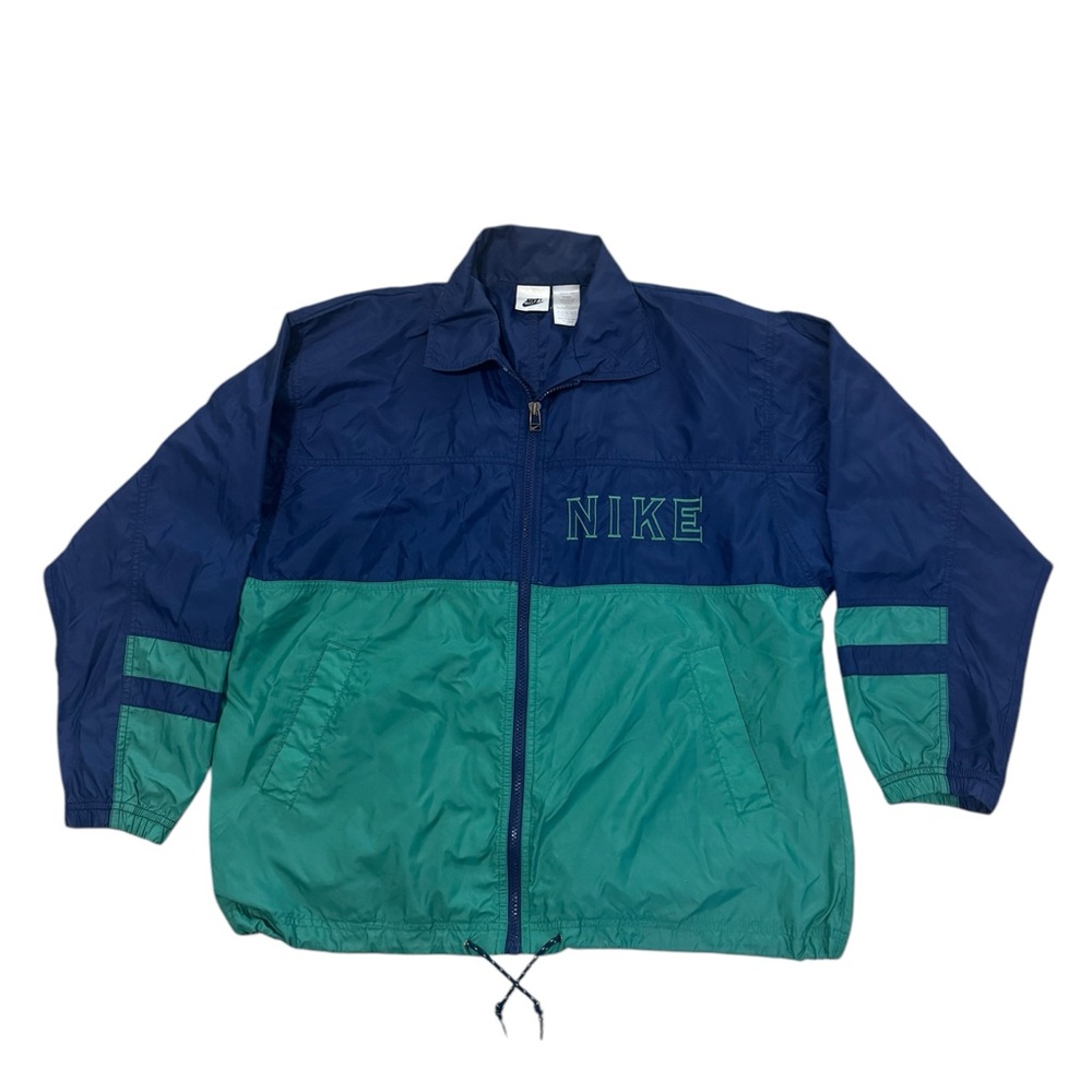 VTG Nike Windbreaker Zip Up Jacket Womens Large Nylon Navy Green Spellout Coach